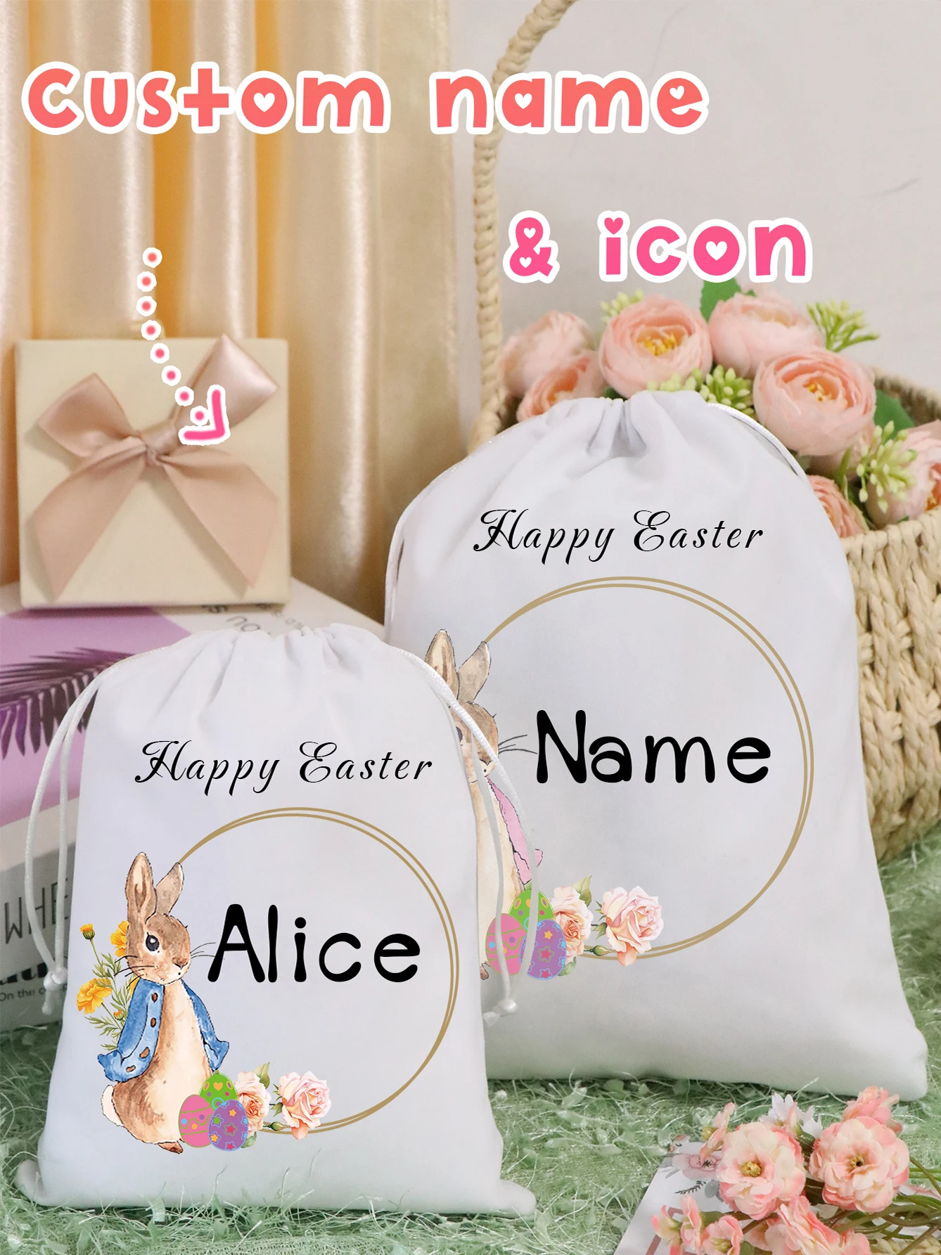 Custom Easter Drawstring Storage Bag With Bunny Icon And Name, Reusable Egg Hunt Sack And Seasonal Gift Pouch,
