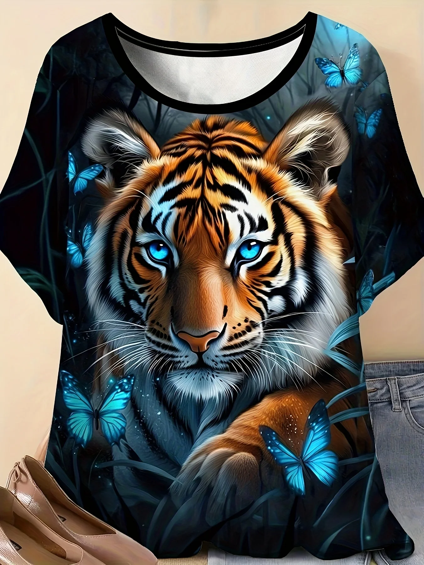 Women T‑Shirt 3D Tiger Head With Blue Butterfly Jungle Animal Print Short Sleeve Crew Neck Casual Summer Tops