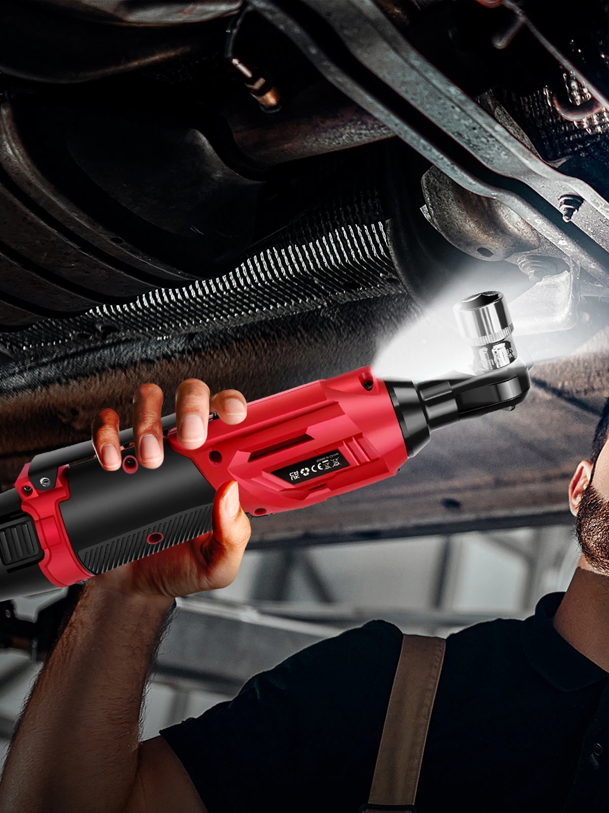 Jeu de clés à cliquet électriques 200NM 3/8", 90 ° Angle droit, lumière LED, avec 2 batteries Li-ion, chargeur rapide, 7 prises et boîte à outils