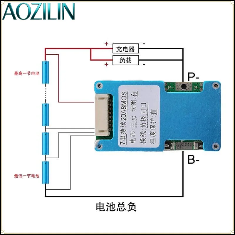 AOZILIN 7S 24V 25A BMS Protection Board for 18650 Li‑ion Battery,With Balance Temperature Protection & Wire Harness