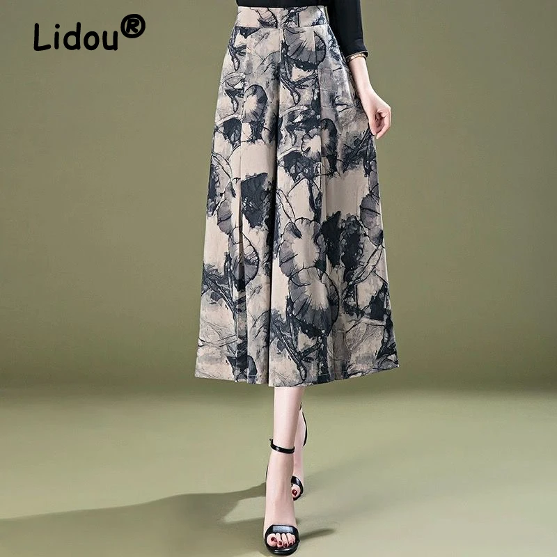 

Women Clothing 2024 Summer Vintage Fashion Print Loose Pleated Wide Leg Pants Ladies Casual High Waist Elegant Cropped Trousers