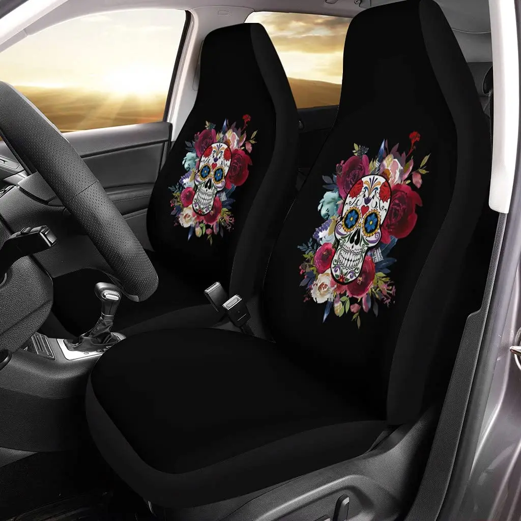 CHICKYSHIRT Dia De Los Muertos Day of The Dead Flora Sugar Skull Mexico Front Car Seat Covers, Auto Seat Covers Set of 2, Univer