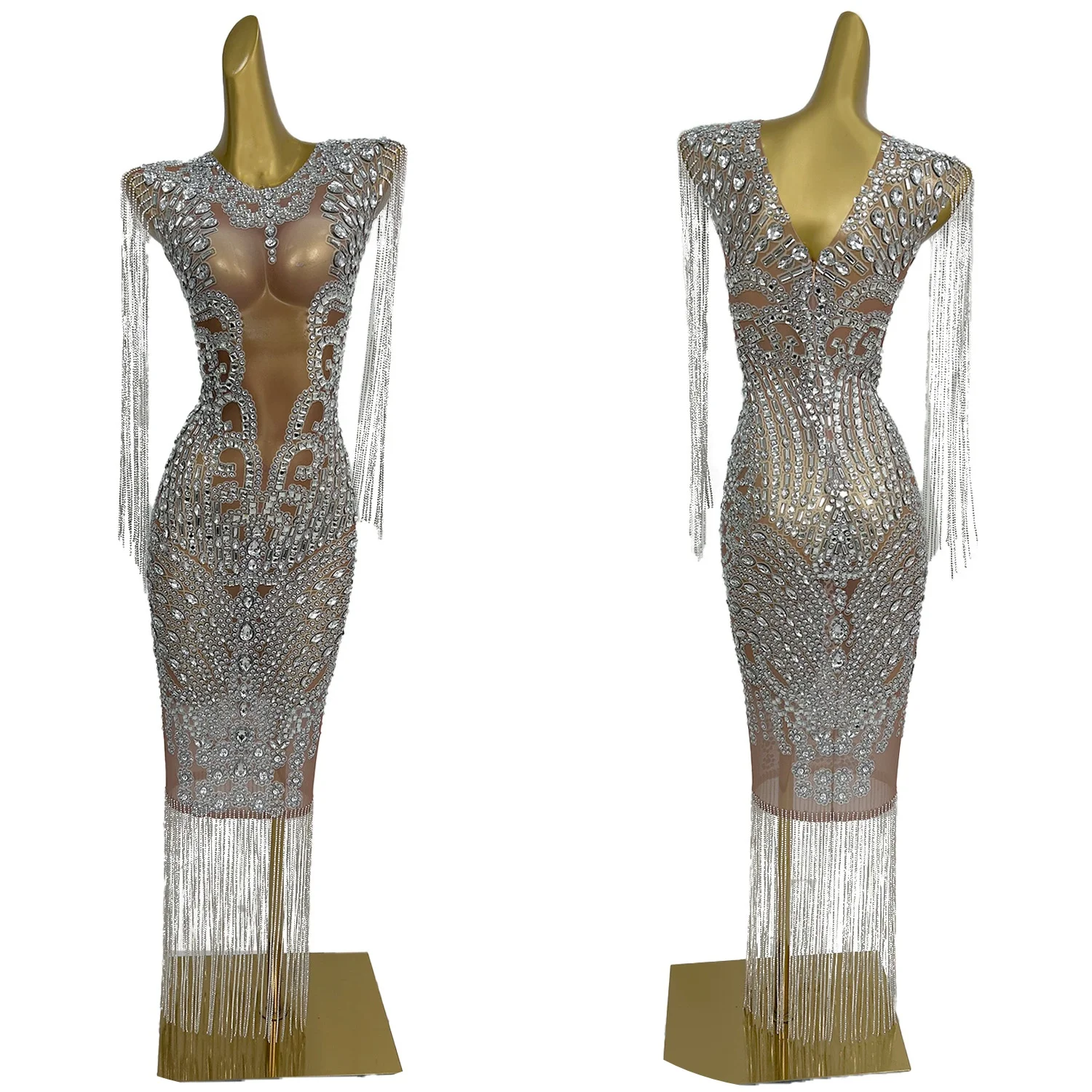 Vestido Sexy de noche para fiesta de celebración de cumpleaños para mujer, vestido de actuación de baile en escenario, vestido de malla transparente con borlas y diamantes de imitación plateados Bajiao