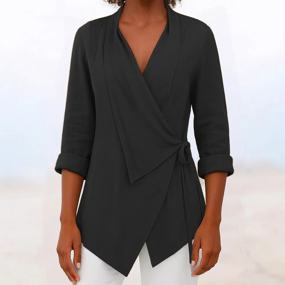 

2025 женская весенне-летняя однотонная однотонная рубашка с лацканами на шнуровке, уникальная повседневная модная свободная рубашка с v-образным вырезом