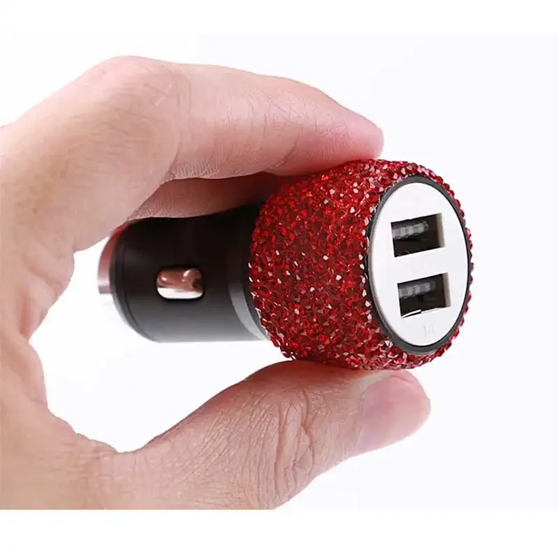 Dual USB Car Charger Bling Bling Handmade Rhinestones Crystal Car Decorations Fast-Charged Car Phone Charger for Woman