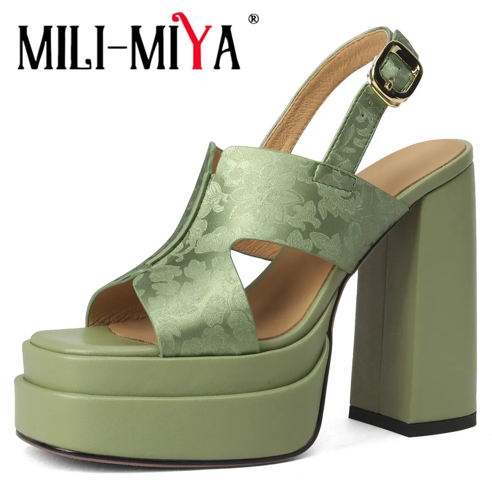 MILI-MIYA Printed Silk Cow Leather Women Peep Toe Sandals Thick Heels Platform Solid Color Buckle Strap Dress Party Summer Shoes