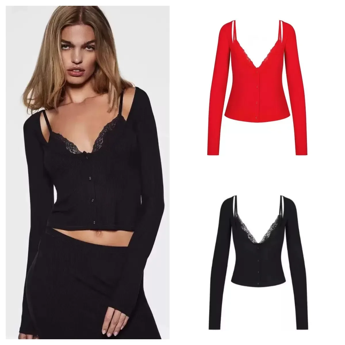

ski black lace vest fake two-piece design with built-in triangle cup underwear low-neck top