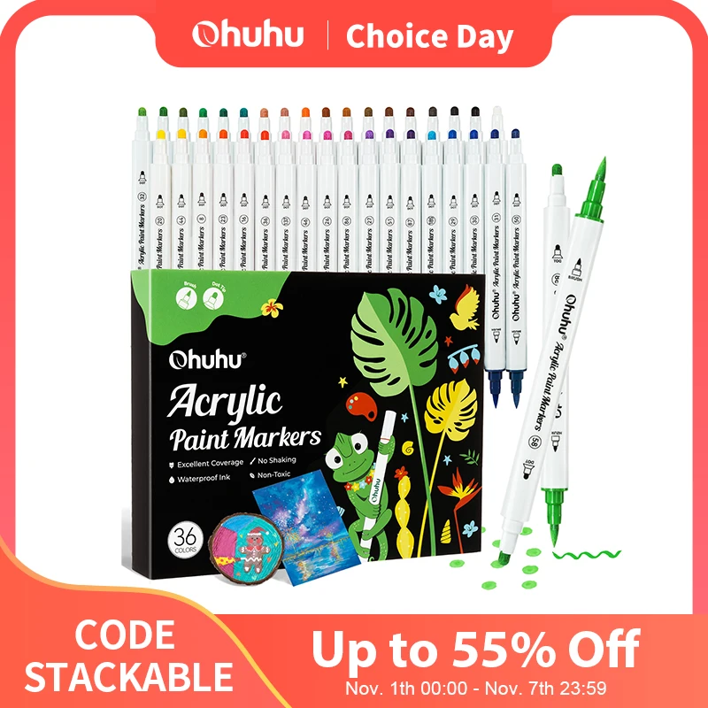 ohuhuアクリル絵の具マーカー、コットン芯、36色、両端チップ、高不透明度、防水、耐光性、ドローイング用アクリルマーカー