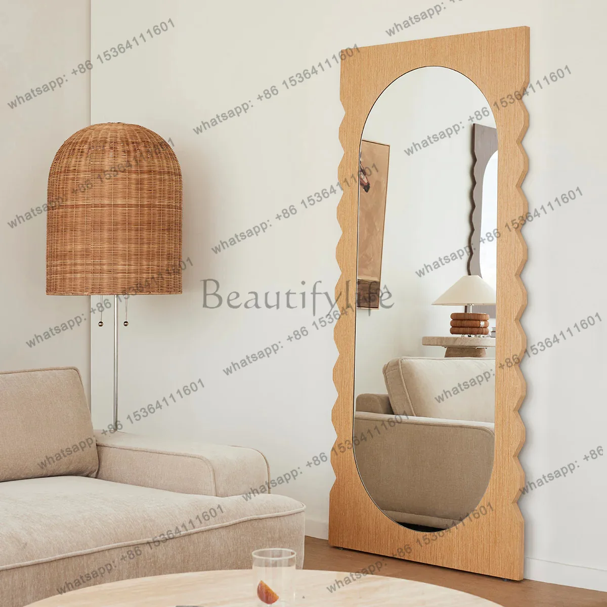 Simple modern style new Chinese art mirror French medium and ancient style wave full-length mirror