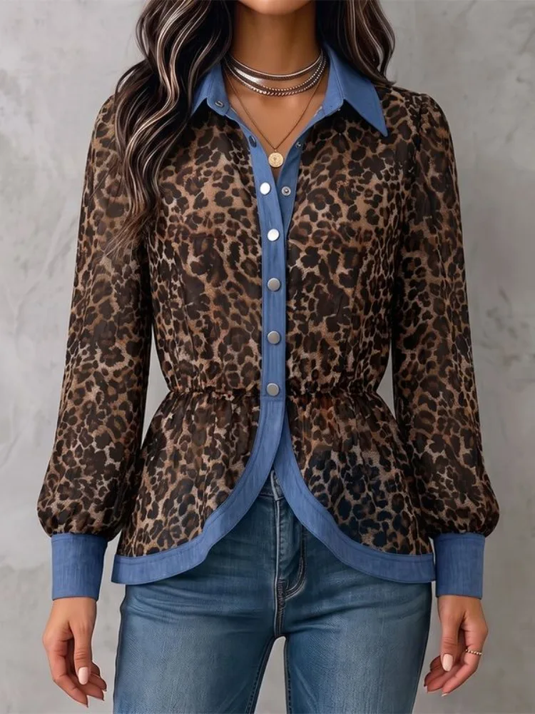 Yeezzi 2026 New Trendy Denim Spliced Leopard Printed Lapel Blouses For Women Puff Sleeves Slim Waist Casual Office Shirt Tops