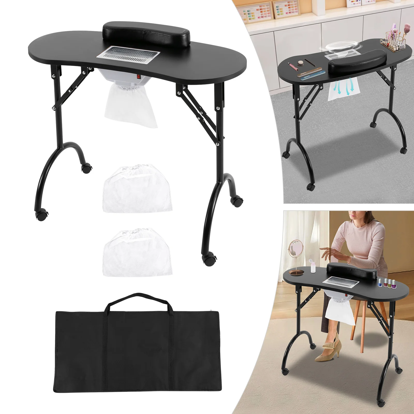 Foldable Nail Table w/Wheels Multifunctional Portable Manicure Table with MDF Table Top for Households, Nail Salons