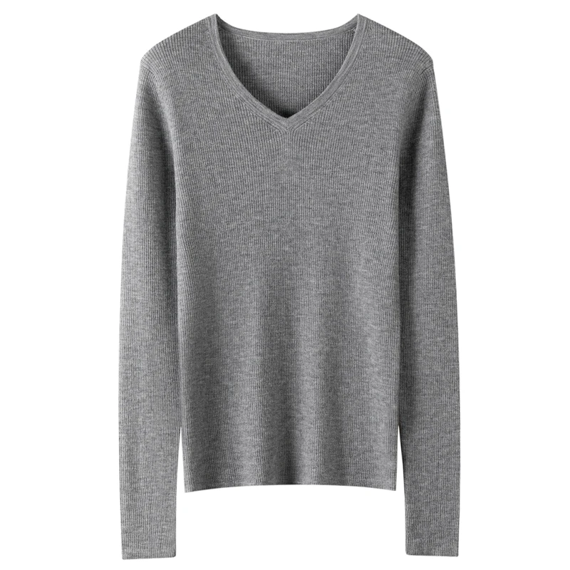 New women's 100% pure cashmere pullover casual solid spun knitted sweater slim fit V-neck Tops basic vertical stripe Jumper