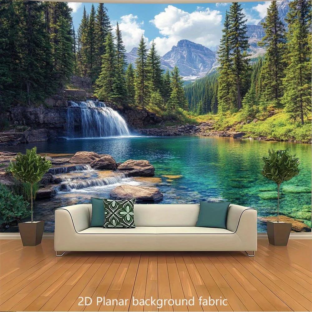 Mountain Lake Waterfall Tapestry - Realistic Evergreen Forest & Cascading Falls Wallpaper, Self-Adhesive Backdrop for Living Roo