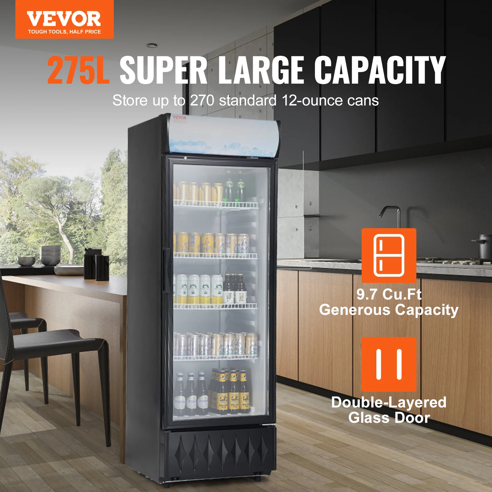 VEVOR Commercial Refrigerator, 275L Beverage Refrigerator Cooler, Glass Door Display Refrigerator Upright Fridge with 4 Shelves