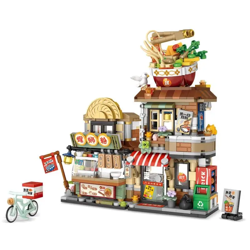 Street View Mini Building Blocks Set Chinese Hippest Dish Store Model Aldults Toys Lemon Tea Shop River Snails Rice Noodle Shop