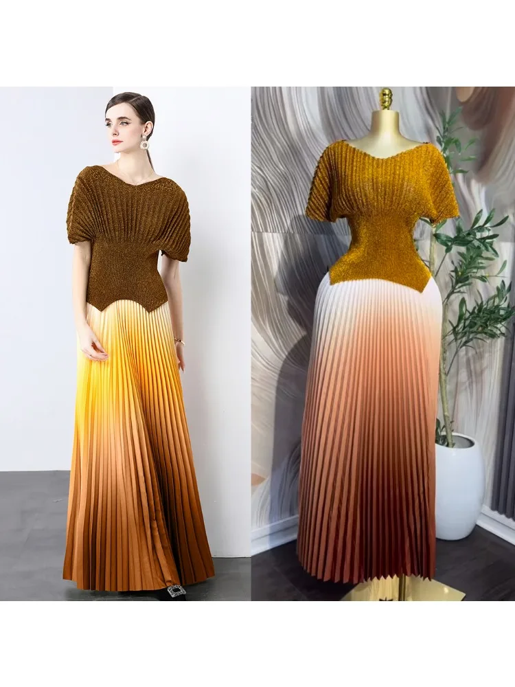

Miyake Fold 2025 Summer New Women's Fashion Skirt Set Slimming Fluorescent Gradient T-shirt Top Long Skirt Two Piece Set