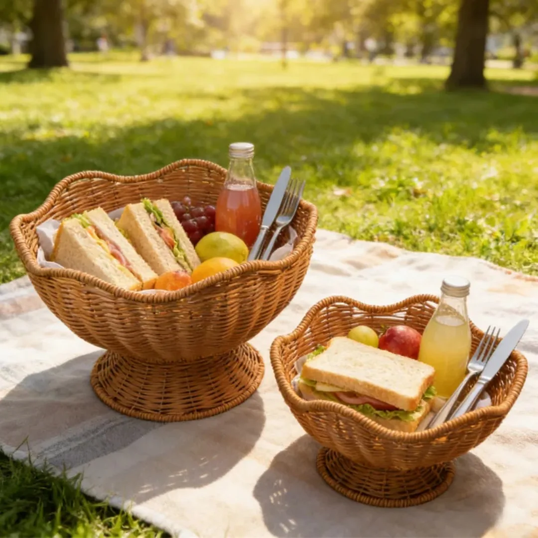 Hand Woven Scalloped Pedestal Imitation Rattan Fruit Bowl Elevated Serving Tray Coffee Table Decor Storage Basket for Snacks view 3