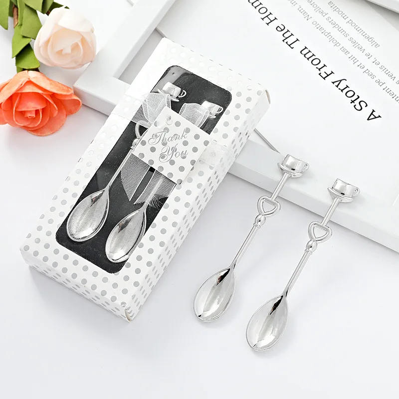 50Pcs/lot=25Boxes Love heart Wedding gifts of Chrome teacup Coffee Spoon Favors for Bridal shower Kitchen gifts Party decoration