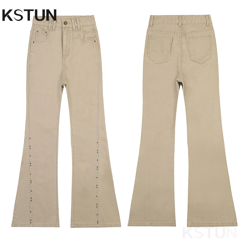 

KSTUN 2026 High-waisted Women Flared Jeans Loose Bell-bottom Trousers Khaki Denim Pants Fashion Rivets Design Patchwork Vintage