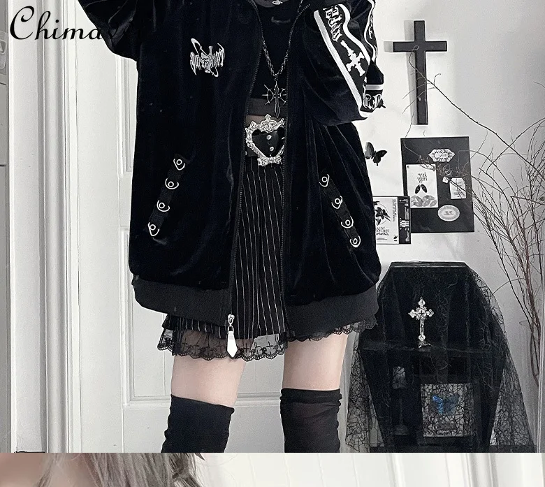Original Velvet Printed Sportswear Jacket 2025 Autumn New Japanese Subculture Dark Loose Long-sleeved Zipper Sweatshirt Coat