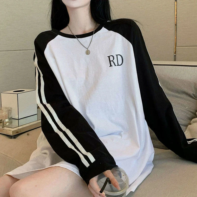 MEXZT Streetwear Sweatshirt Women Striped Patchwork Oversized Pullover Korean Harajuku Letter Print Loose Casual Hoodies Tops