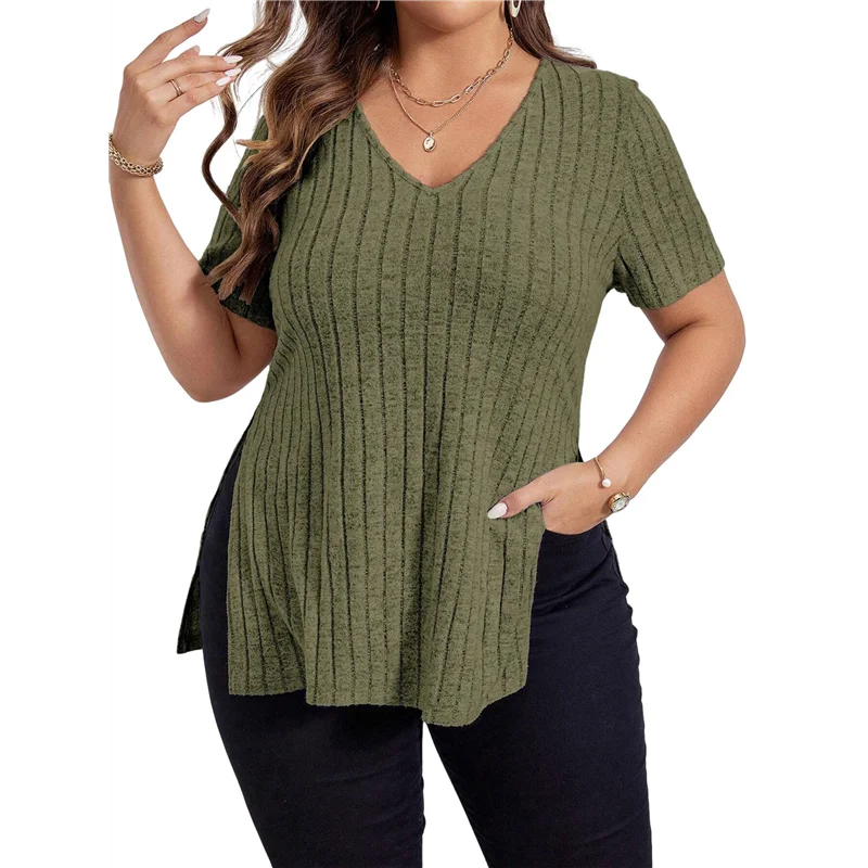 

A83F-Женские топы больших размеров, повседневные рубашки с v-образным вырезом и короткими рукавами, летние блузки с разрезом по подолу