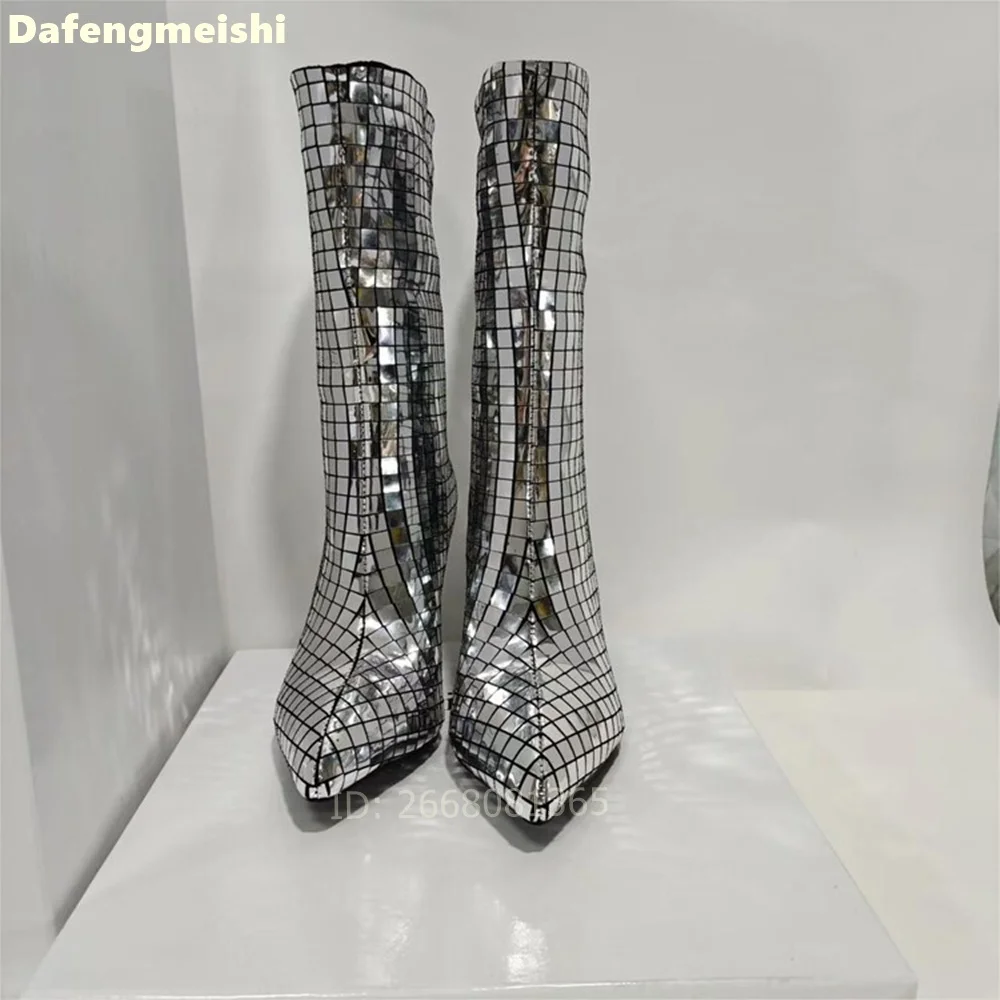 Women Silver Disco Mirror Grid Sequin Pointed Toe Stiletto Heel Mid Calf Boots 2026 New Party Clubwear Stage Performance Shoes