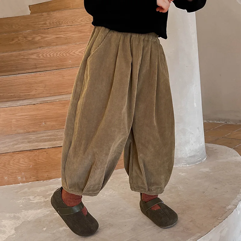 

2025 Winter New Kids Fleece Lining corduroy Trousers Boys' thicken warm Lantern pants Korean style Girls' loose harem pants