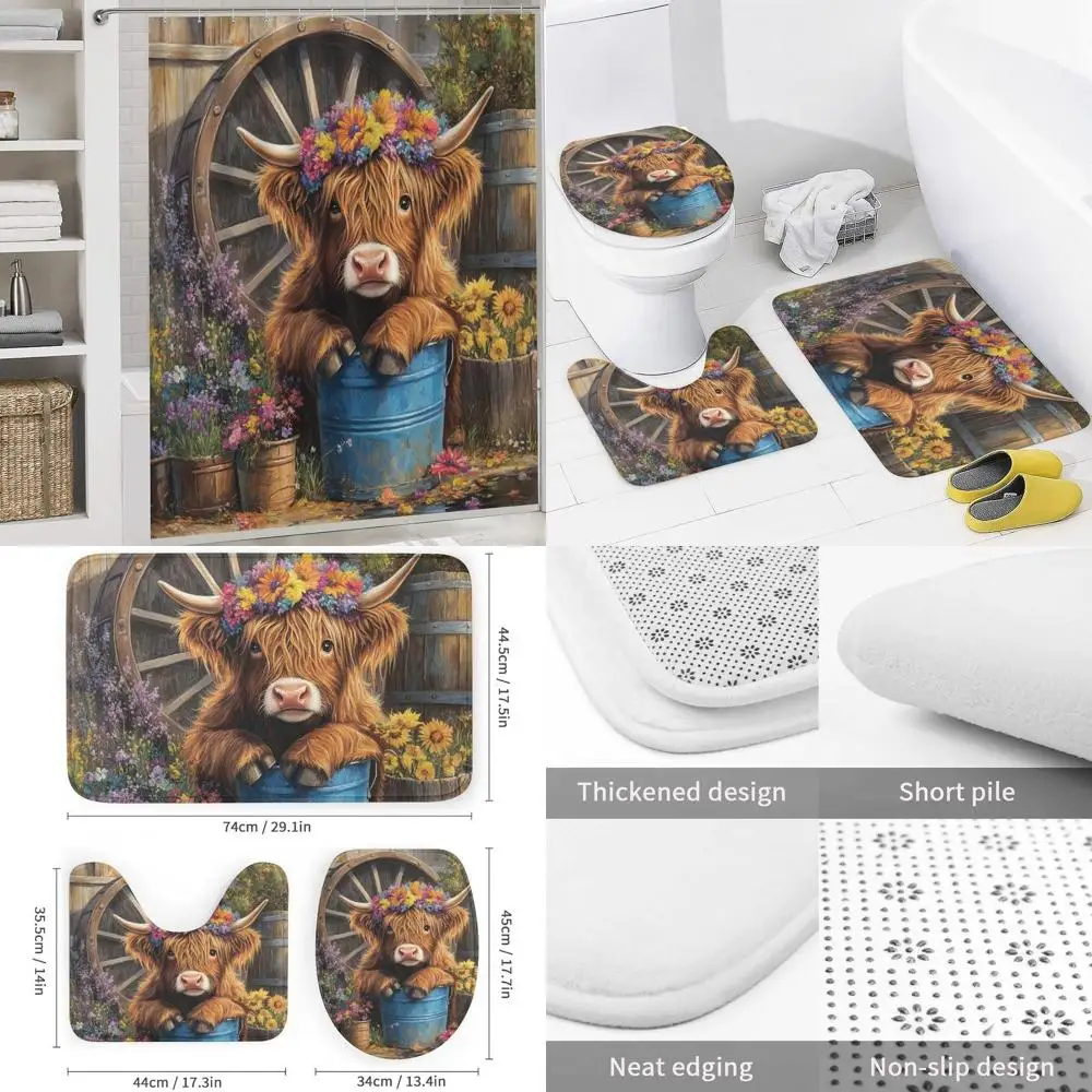 

Highland Cow Bathroom Set: Shower Curtain, Rugs, Lid Cover, and Bath Mat in Farmhouse Style with Wildflower Animal Prints