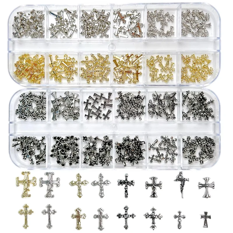 1 Box Exquisite Retro Multi Style Alloy Cross Nail Art Charms Halloween Cross 3D Nail Art Decoration Manicure DIY Accessories