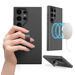 For Galaxy S24 Ultra Magnetic Phone Case with Holder Frosted Finger Grip Stand Case Black Stylish Simple Compatible with MagSafe