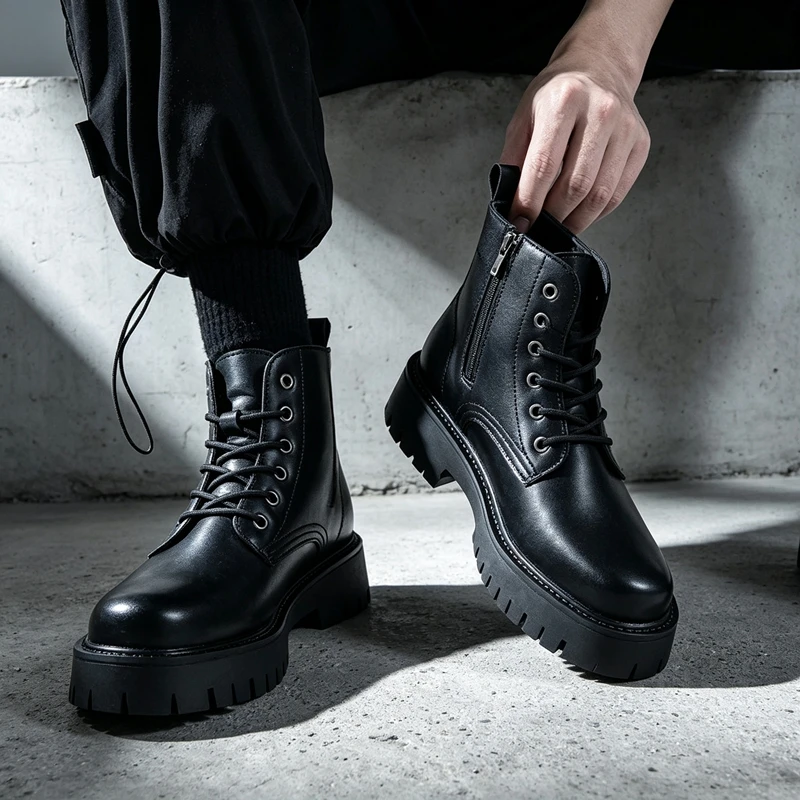 Autumn British Style Mid-top Work Boots Black Leather Motorcycle Boots Side Zipper Height Increasing Thick Sole Casual Footwear
