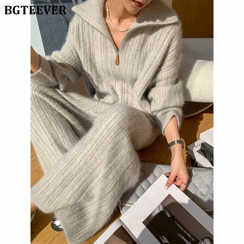 BGTEEVER Autumn Winter Warm Ladies 2 Pieces Sweaters Set Long Sleeve Zipper Up Pullovers Tops Women Wide Leg Trousers