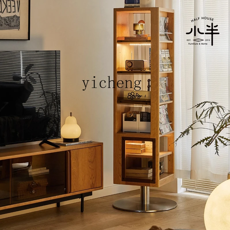 rotating mirror solid wood full-length mirror retro storage shelf bookcase rotating bookshelf floor mirror cabinet