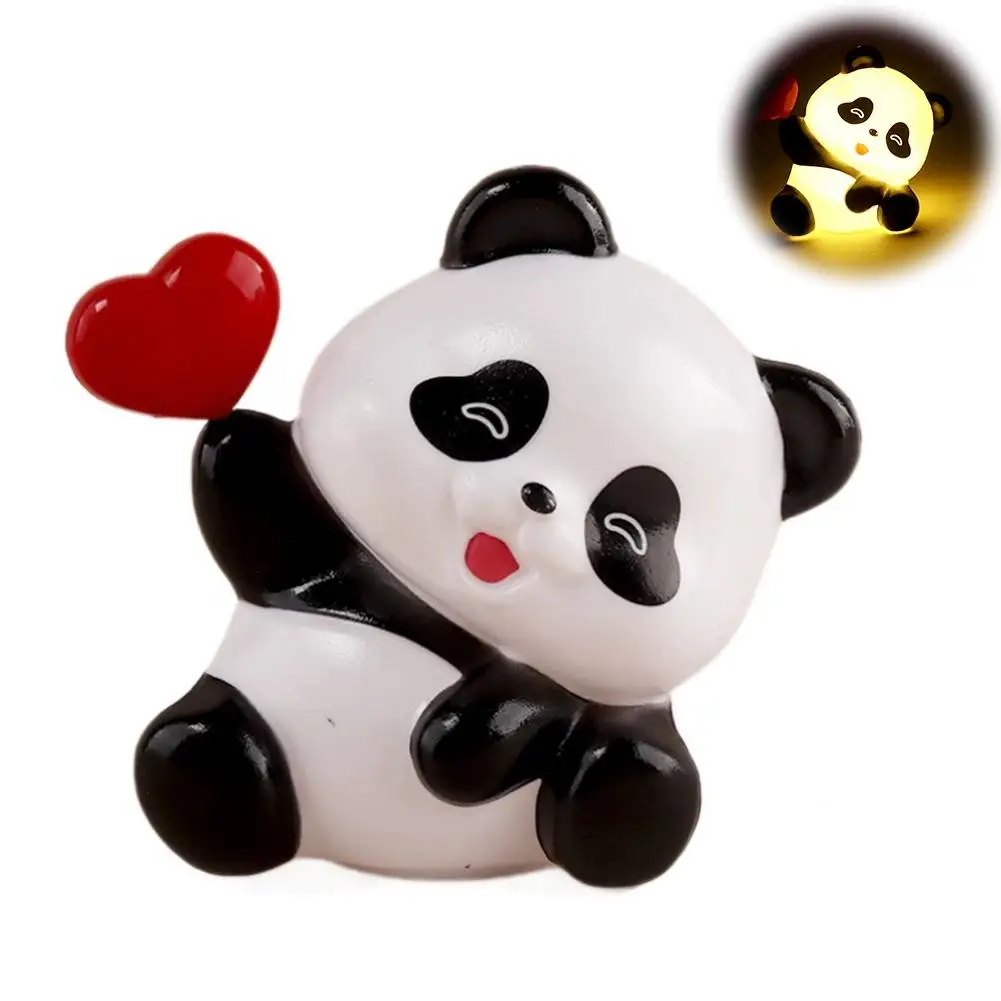 Cute Panda Night Light Mini LED Desk Figurine Lamp with Red Heart Battery Operated Small Panda Bedside Lamp for Nursery Kids