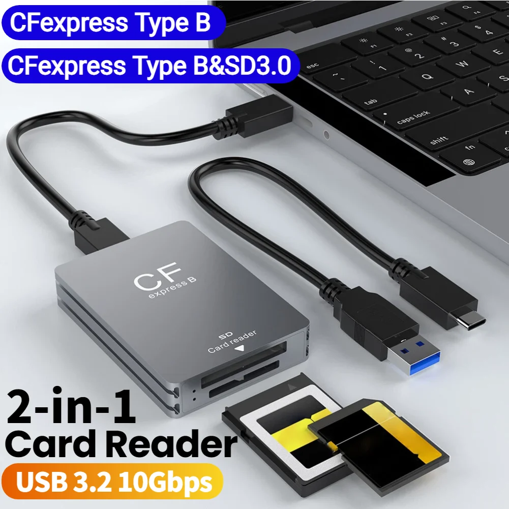 

2 in 1 CFexpress Type B&SD Card Reader CFexpress Card Adapter USB 3.2 10Gbps Dual-Slot Support Android/Windows/ OS for SLR