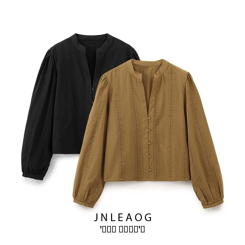 

JNLEAOG Women's Faionable Embroidered irt Loose Fit Polyester Long Sve Girls' Regular Length Pure Color Button down