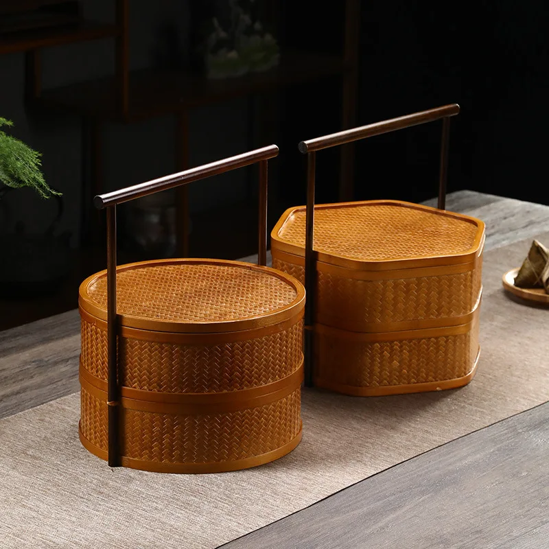 

Bamboo woven hand basket,double layer,Vintage,Traditional,handmade,with lid,Kung Fu tea set,Japanese,food and snack storage box