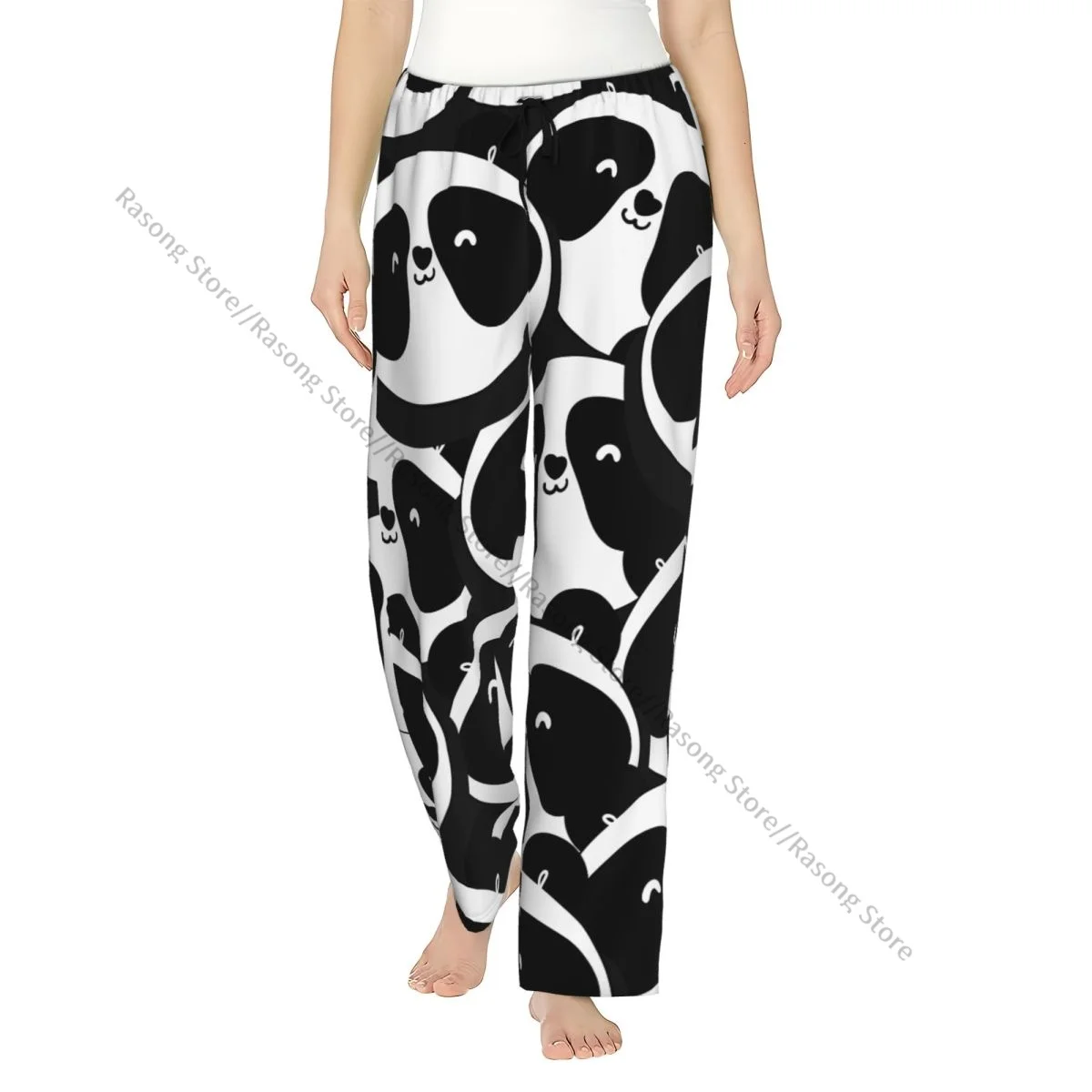 

Black And White Panda Heads Flannel Pajama Pants for Women Soft Warm Sleep Pants with Elastic Waistband