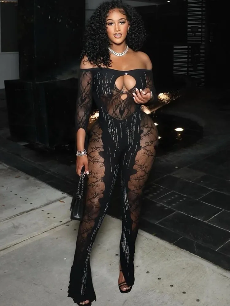 

Doyerl Off the Shoulder Black Jumpsuit Woman Catsuit Sexy Lingerie Midnight Hollow Out Skinny Patchwork Club One Piece Rompers
