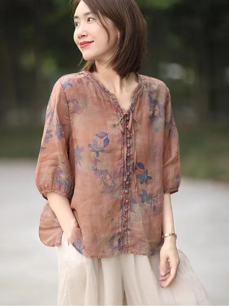 Retro chińska bluzka damska z nadrukiem, z bawełny i lnu, letnia, cienka, codzienna, luksusowa, modna, o luźnym kroju.
