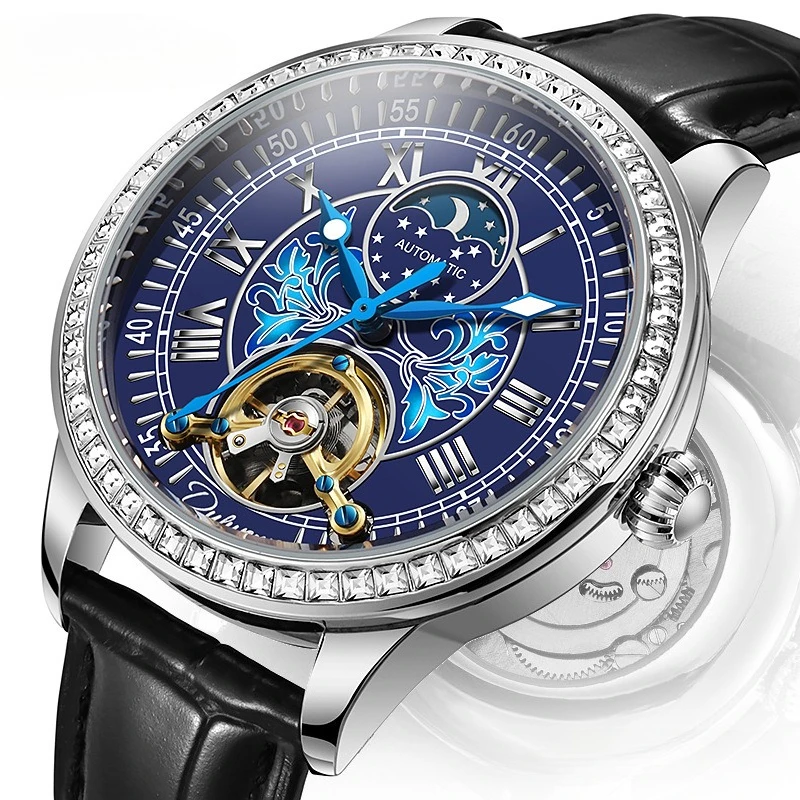

NEW Automatic Mechanical Watch For Man Skeleton Tourbillon Moon Phase Waterproof Stainless Steel Strap Top Brand Luxury Gifts