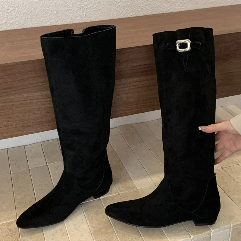 

Aneikeh/2026, зимние модные женские сапоги в стиле панк с пряжкой и ремешком, сапоги до колена с острым носком, женские длинные ботильоны на низком каблуке, Zapatos