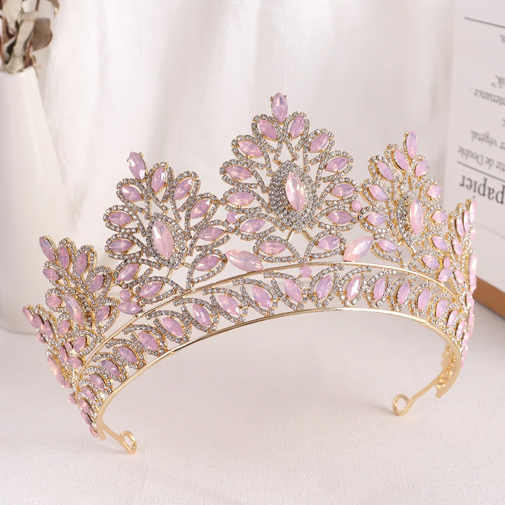 Baroque Pink Opal Wedding Big Crown Princess Headdress Crystal Bridal Tiaras Rhinestone Diadem Wedding Hair Jewelry Accessories