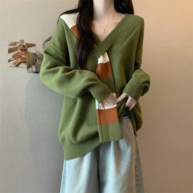 Female Clothing Elegant V-Neck Sweaters Casual Long Sleeve Autumn Winter Fashion Korean Striped Patchwork Loose Knitted Jumpers