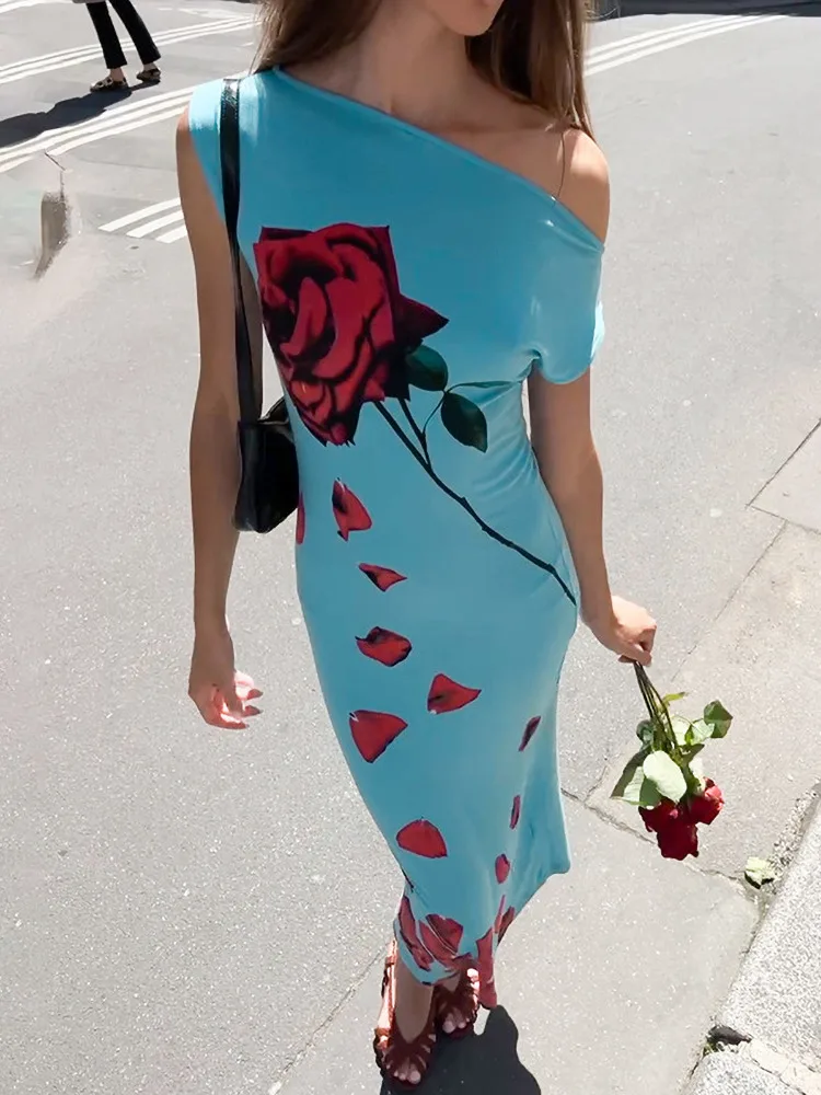 

Absobe Rose Printed One-Shoulder Maxi Dress Women's Blue Elegant Slim Bodycone Streetwear French Style Sexy Summer Long Dress