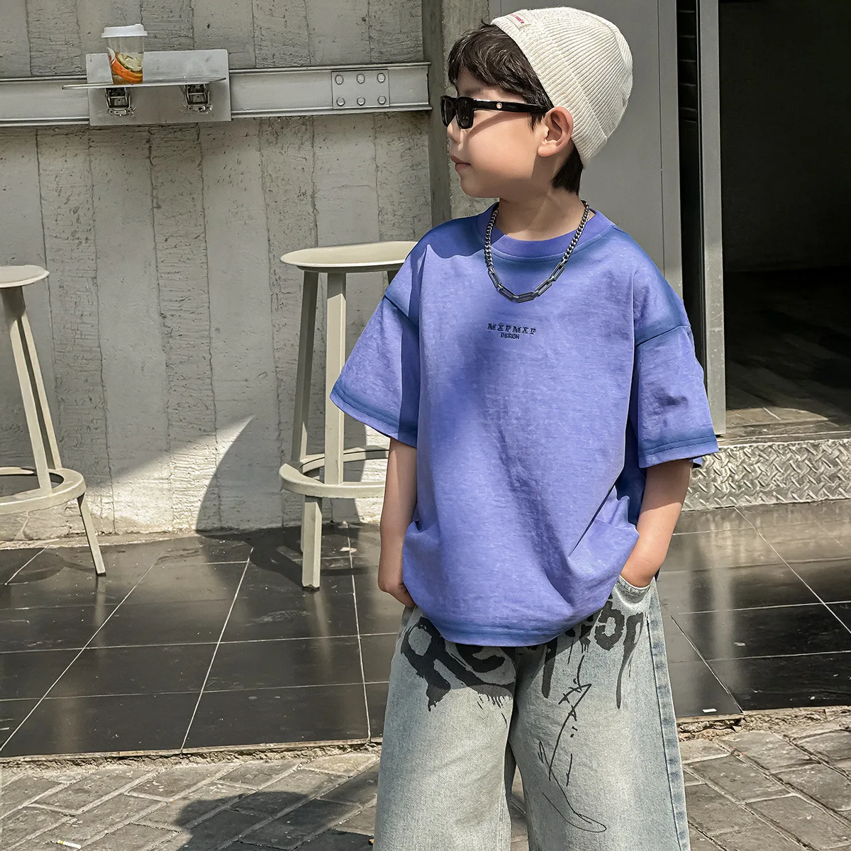 

Boys' Summer T-shirt Children's Korean Version Short Sleeved 2025 New Summer Sports Denim Five Quarter Pants Trendy