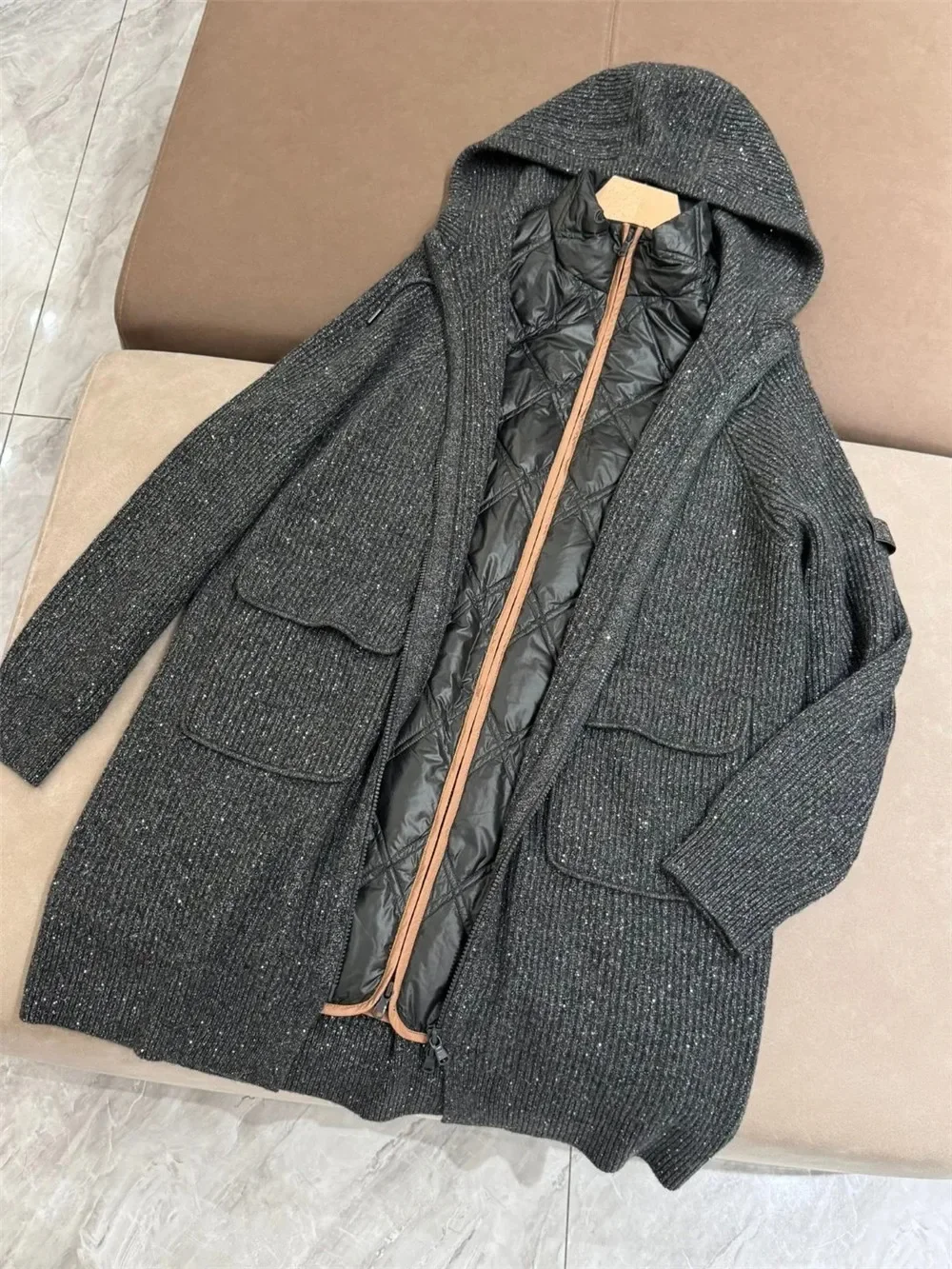 女性用ノースリーブフード付きカーディガンセット,スタンドカラー,グースダウンベスト,長袖,カシミア,2ピース
