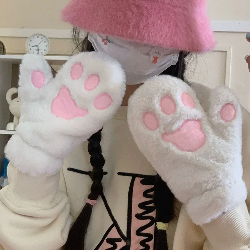 

Women Cartoon Cat Claw Gloves Thickened Plush Lovely Style Bear Paw Exposed Fingers Half Winter Mittens Warm Girls Gift Gloves