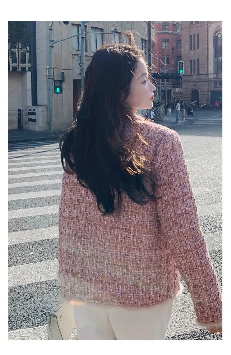 New High End Small Fragrance Tweed Jacket Coat Women Winter Warm Inner Downs Sweet Pink O-neck Pockets Elegant Fashion Outwear